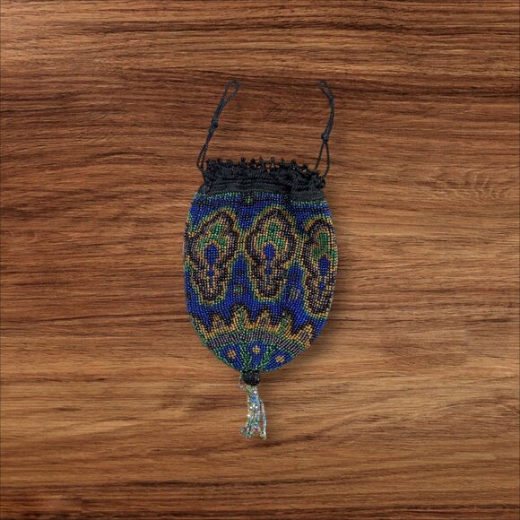 Beaded  Woven Drawstring Pouch Lot 2 Unique Bags Fringed & Patterned Small Vinta - Picture 3 of 10